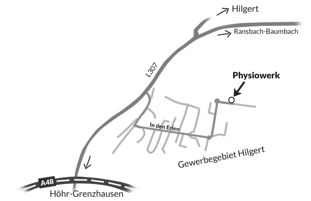 Anfahrtsskizze zur Physiotherapiepraxis Physiowerk in Hilgert zwischen Höhr-Grenzhausen und Ransbach-Baumbach.
